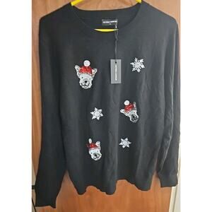 Victoria Harbour Women's Black Sequin Dog Christmas Winter Santa Sweater XL NWT